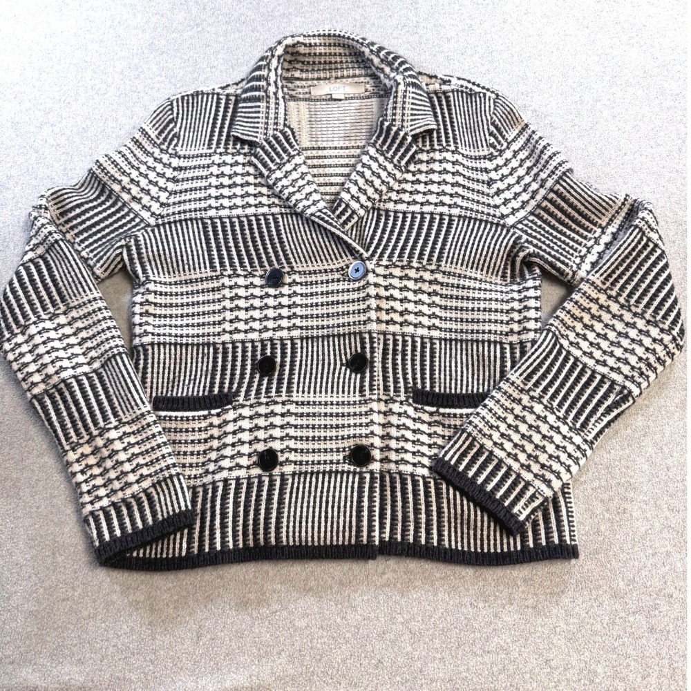 LOFT Chunky Knit Sweater Blazer Womens Med Black Cream Striped Cardigan Preppy